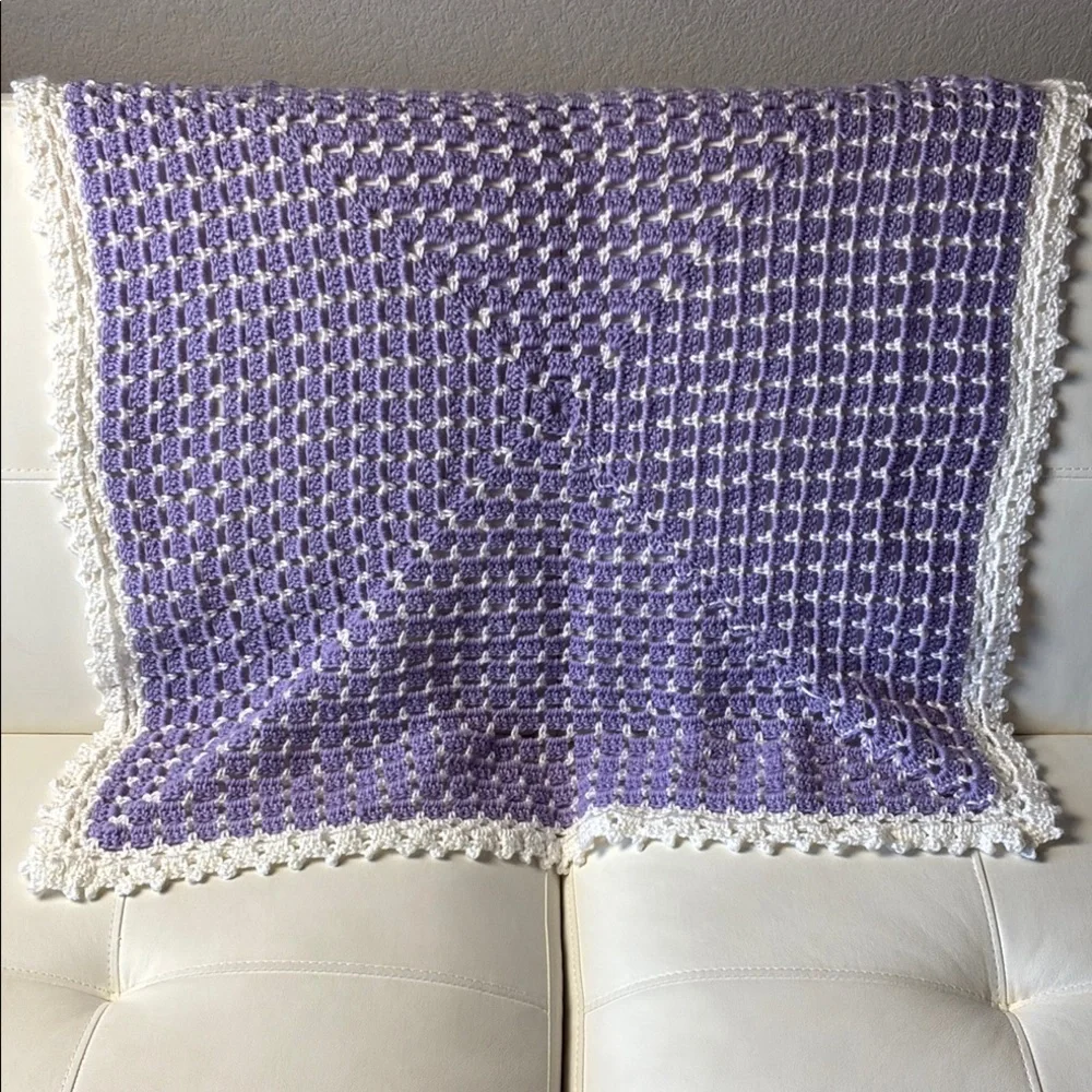 Handmade Purple and White Crochet Throw Blanket